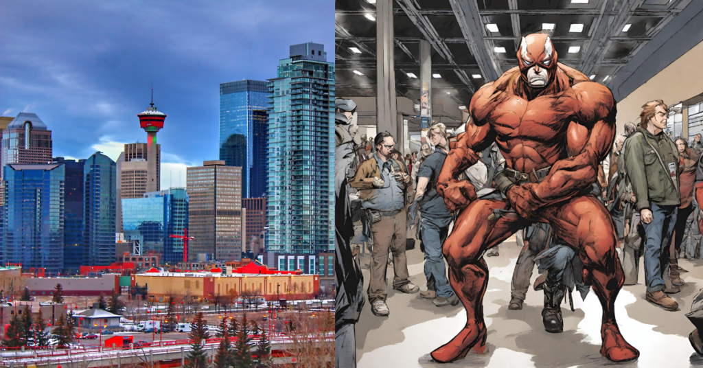 A colorful comic book style illustration depicting a large, muscular superhero-like character in a red suit at the Calgary Comic & Entertainment Expo, signifying the lively and imaginative atmosphere of this popular fan convention.