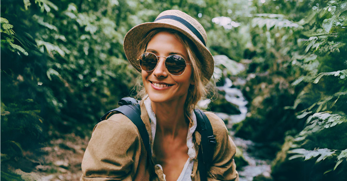 A smiling female hiker wearing a straw hat and round sunglasses enjoys nature while trekking through a lush forest. She's outfitted with a beige jacket and carries a black backpack, indicating an eco-friendly travel adventure.