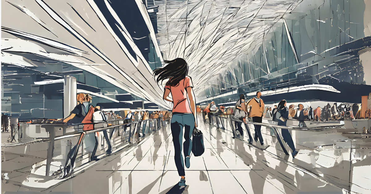 Illustration artistique d'un terminal d'aéroport animé avec des voyageurs au point de contrôle de sécurité. Une femme vêtue d'un haut rose et d'un pantalon bleu sarcelle est mise en valeur, se précipitant dans le terminal, ses cheveux flottant derrière elle et portant un sac bleu marine, illustrant l'urgence d'un voyageur de dernière minute.